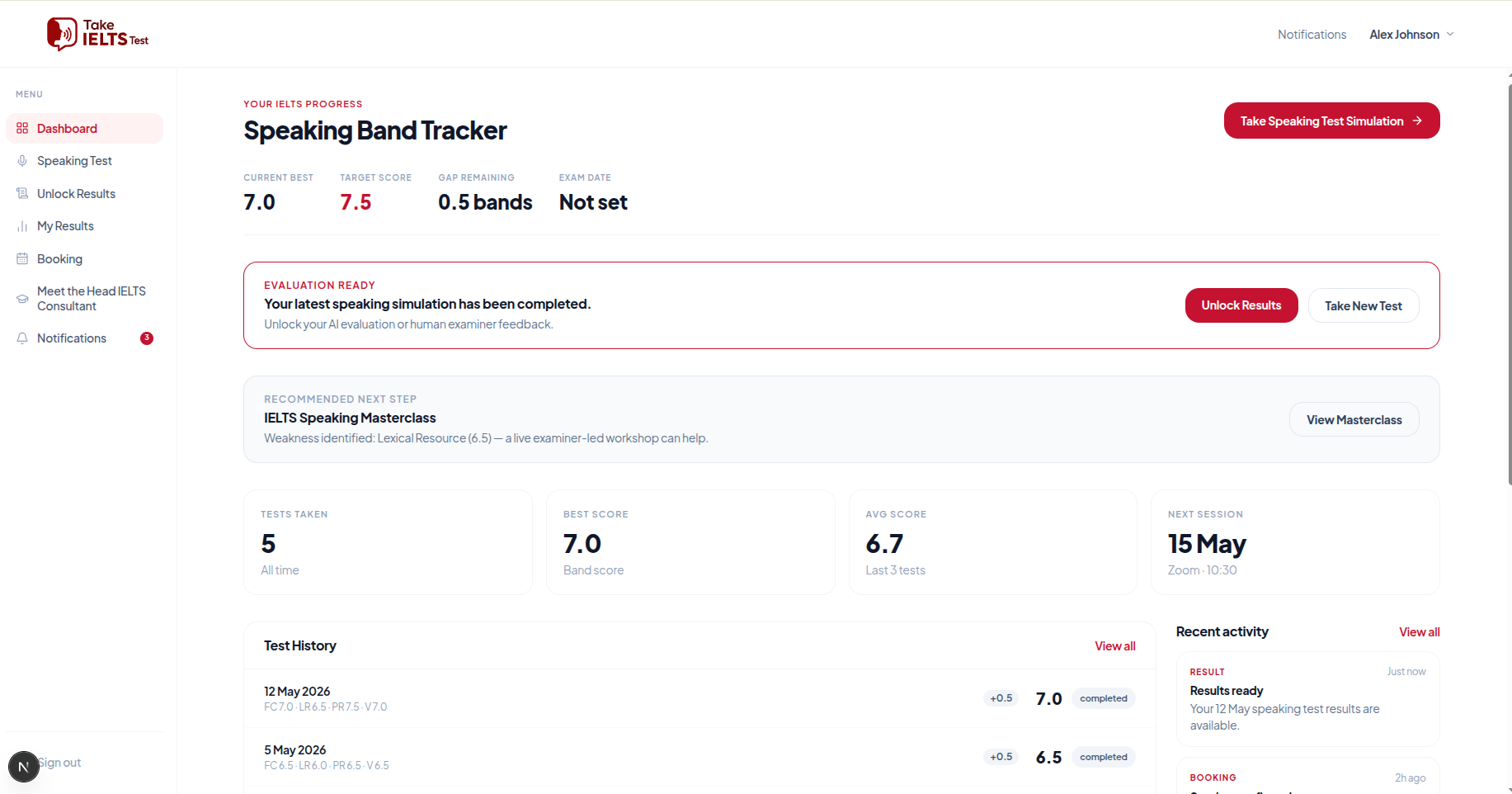 IELTS test results dashboard showing band score and examiner feedback